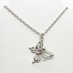 Necklace Butterfly Silver Tone With Purple Crystal Fairy Boho Girl Minimalist
